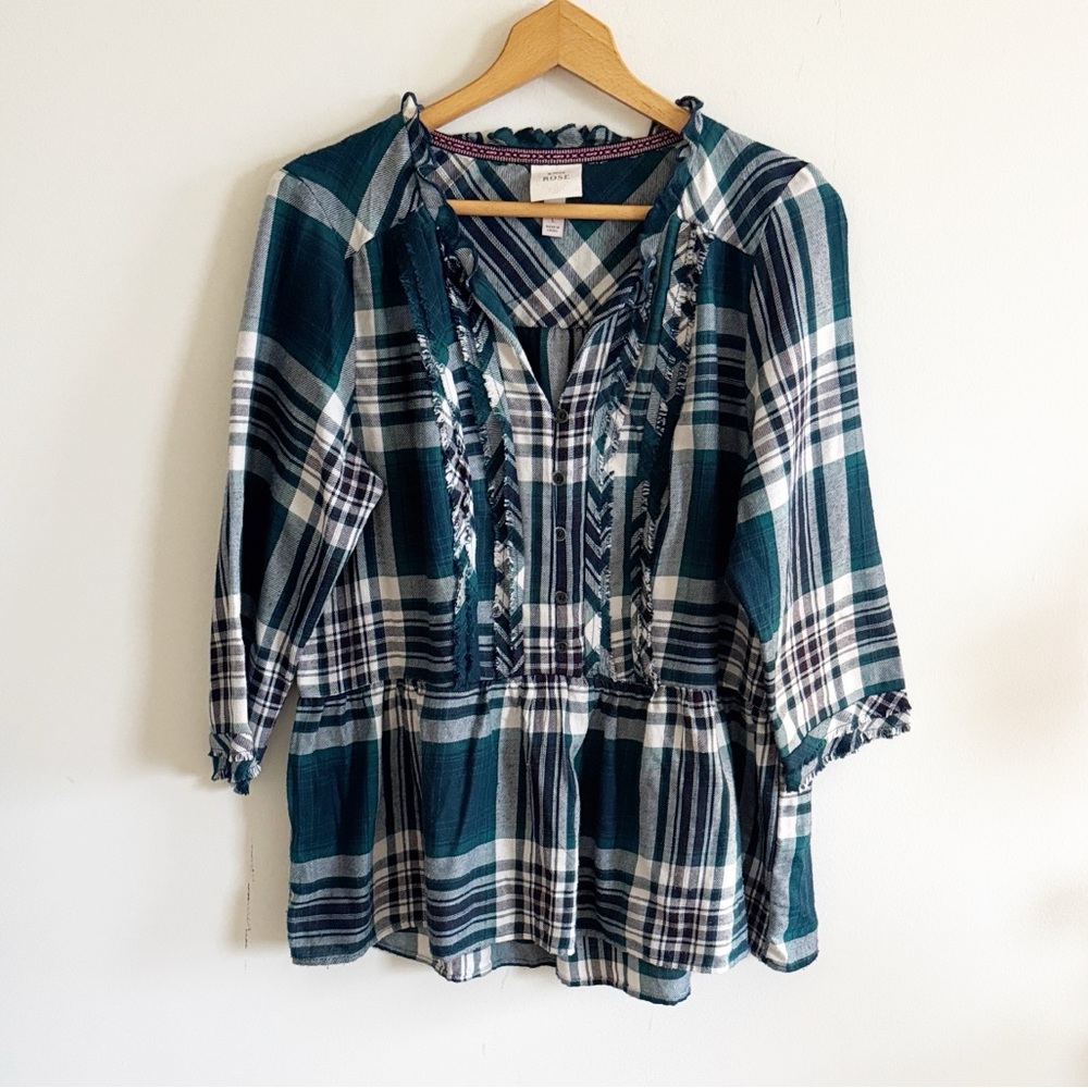 Knox rose green plaid ruffle peplum top size large